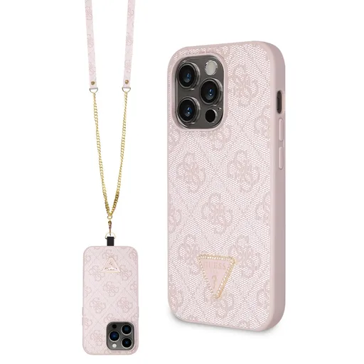 GUESS 4G STRASS SET Ochranný kryt + remienok pre Apple iPhone 15 Pro ružový