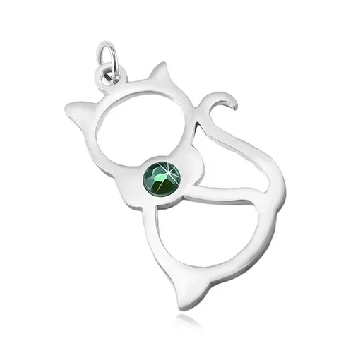 Prívesok z chirurgickej ocele v striebornom odtieni, obrys mačky, zelený zirkón