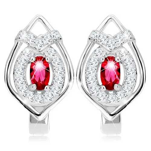 Strieborné 925 náušnice, obrys špicatej kvapky, červený zirkón - ovál