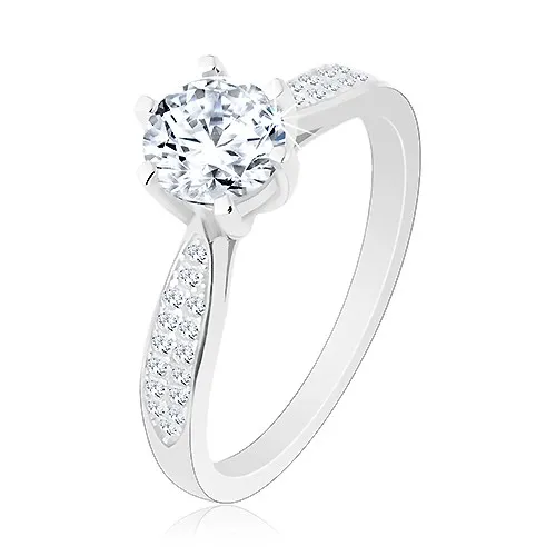 Zásnubný prsteň zo striebra 925, ligotavý okrúhly zirkón, zdobené ramená - Veľkosť: 48 mm