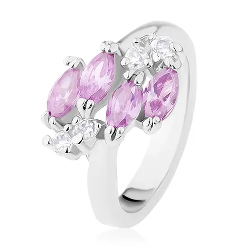 Prsteň v striebornom odtieni, svetlofialové zrnká, ligotavé číre zirkóny - Veľkosť: 49 mm