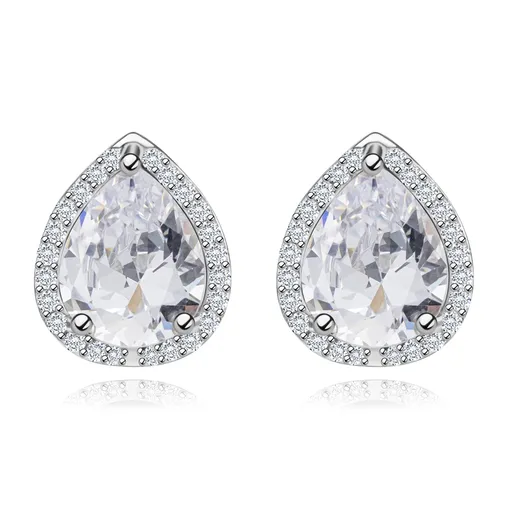 Strieborné náušnice 925, ródiované, trblietavá kontúra slzy, brúsený zirkón