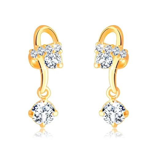 Zlaté náušnice 585 - prepletené asymetrické línie, okrúhle číre zirkóny