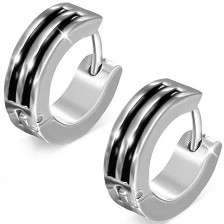 Kĺbové náušnice, oceľ 316L, kruhy striebornej farby, čierne pásiky