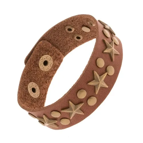 Vybíjaný hnedý náramok zo syntetickej kože, patinované hviezdy a nity