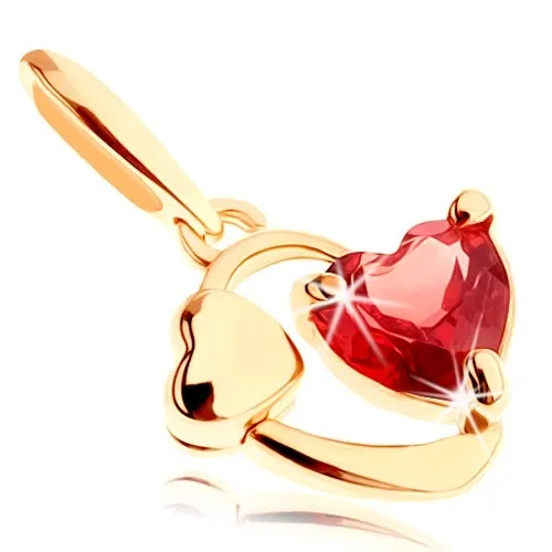 Prívesok v žltom 14K zlate - obrys oválu so srdiečkom a červeným granátom