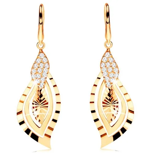 Zlaté náušnice 585 - ligotavé lístočky zdobené zirkónmi a ryhami