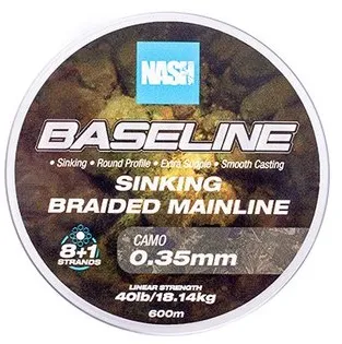 Nash splietaná šnúra baseline sinking braid camo 600 m - 0,35 mm 18,14 kg