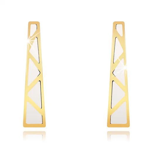 Náušnice v žltom 14K zlate - rozšírený pásik, biele trojuholníčky