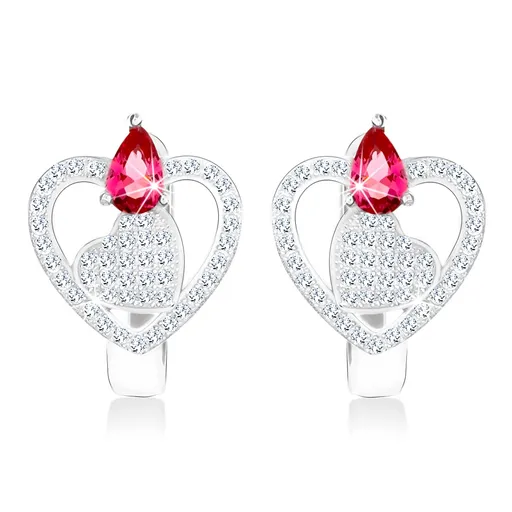 Náušnice zo striebra 925, obrys srdca a plné srdiečko, číre zirkóny, ružovo-červená kvapka
