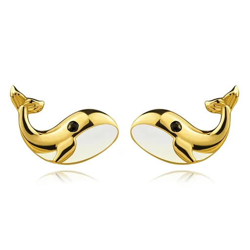 Zlaté 14K náušnice zo žltého zlata - veľryba s bielym bruškom, čierny zirkón