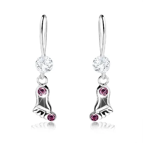 Náušnice zo striebra 925, lesklý odtlačok chodidla s krištáľmi fialovej farby