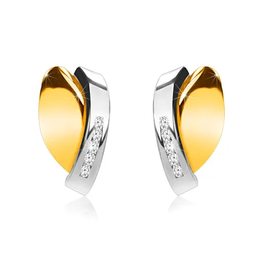 Puzetové náušnice z 9K zlata - dvojfarebné prelínajúce sa oblúčiky, zirkóny