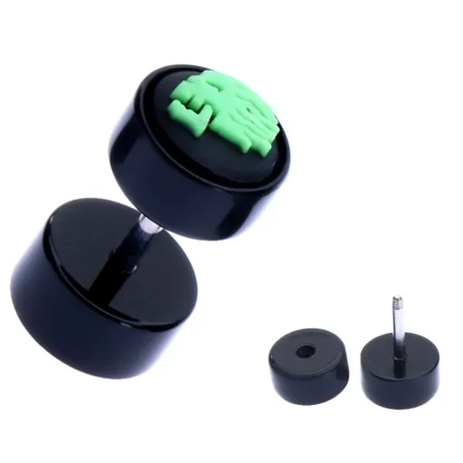 Akrylový fake plug do ucha - zelená lebka na koliesku