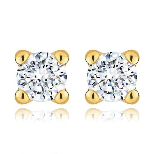 Puzetové náušnice v 9K žltom zlate - okrúhly zirkón v hranatom kotlíku