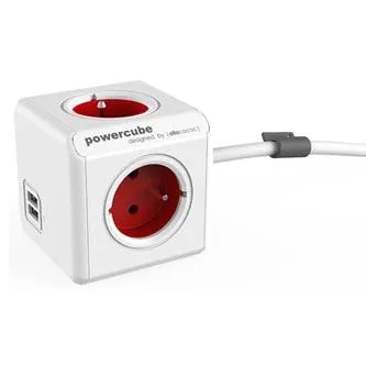 Síťový kabel 230V predlžovací, CEE7 (vidlica) - POWERCUBE, 1.5m, EXTENDED USB, červený, POWERCUBE, 4 zásuvky, 2xUSB port, detská p