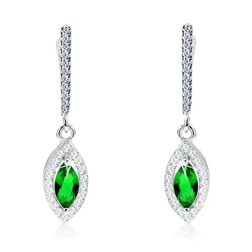 Náušnice zo striebra 925, špicatý ovál, tmavozelený kamienok, číry zirkónový lem