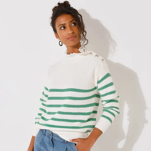 Pruhovaný pulóver so stojačikom z madeirovej čipky