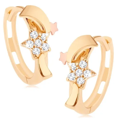 Dvojfarebné náušnice v 14K zlate - zirkónový kvietok, vlnka a hviezdička