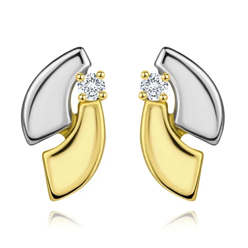Zlaté 14K náušnice s ligotavým diamantom, dvojfarebné oblúky, puzetky