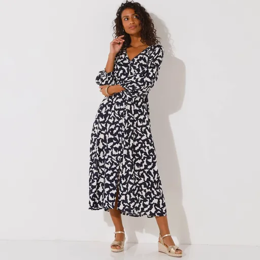 Dlhé krepónové šaty s gombíkmi a dvojfarebnou potlačou