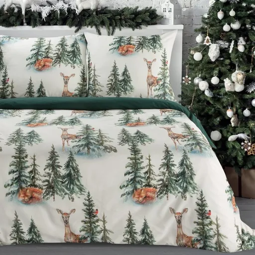 ArtFir Vianočné obliečky na jednolôžko DEER | biela/zelená 140 x 200 cm