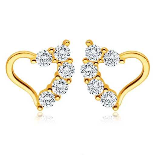 Zlaté náušnice zo 14K žltého zlata - nepravidelná kontúra srdca, číre zirkóniky
