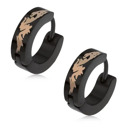 Čierne okrúhle náušnice z ocele, čínsky drak striebornej farby