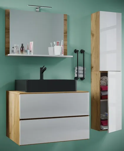 VCM 4dílná umyvadlová skříňka Lendas BL L se zrcadlem 80 cm + vysoká skříňka, dub medový