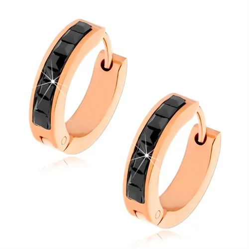 Kĺbové náušnice medenej farby z ocele, čierne štvorcové kamienky