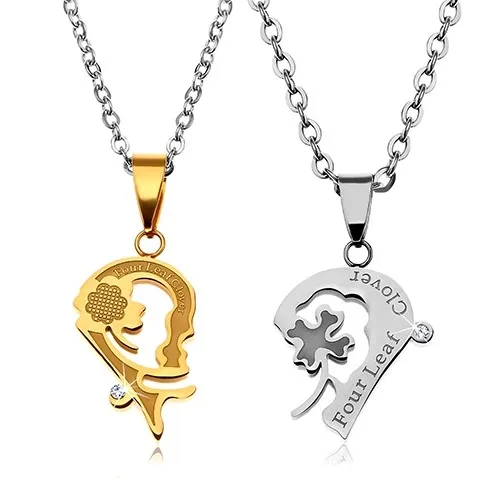 Sada náhrdelníkov z ocele 316L, srdiečkové prívesky so štvorlístkami a nápismi