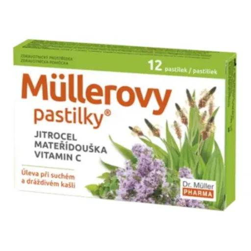 DR. MÜLLER Müllerove pastilky s skorocelom, materinou dúškou a vitamínom C 12 pastiliek