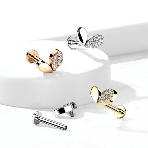 Labret do pery a brady z ocele - slzy tvoriace srdce, zirkóny, vnútorný závit, 6 mm - Farba: Medená