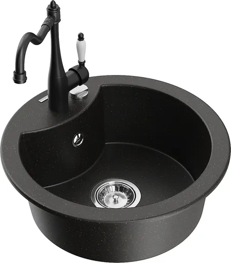 MEXEN/S MEXEN/S - Diego granitový drez 1-miska vrátane batérie Carla, čierna/zlatá metalik 6512-75-670700-70