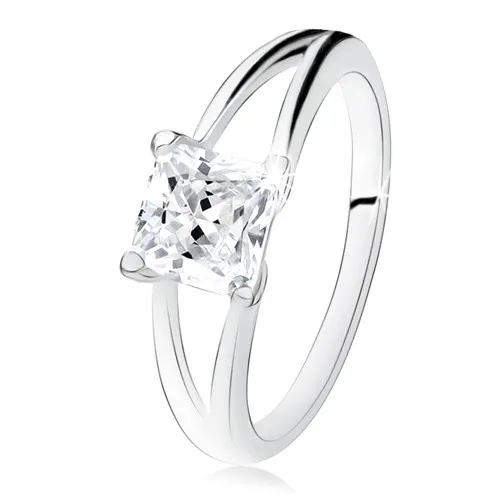 Prsteň zo striebra 925, rozdvojené ramená, štvorcový číry zirkón - Veľkosť: 57 mm