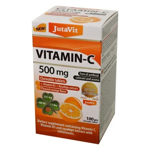JUTAVIT Vitamín C 500 mg s vitamínom D3 2000IU a extraktom zo šípok 25 mg s príchuťou pomaranča so sladidlami 100 žuvacích tabliet
