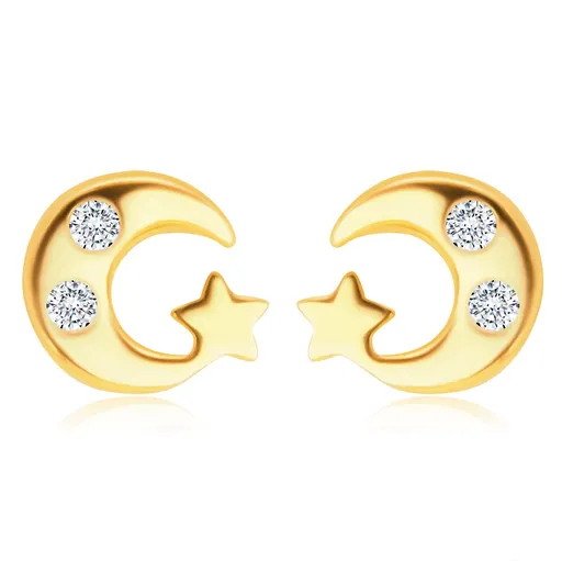 Náušnice v žltom zlate 585 - lesklý mesiačik s dvoma zirkónikmi a hviezdička