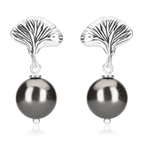 Strieborné náušnice 925 - guľôčky hematitovej farby, mušľa, puzetky