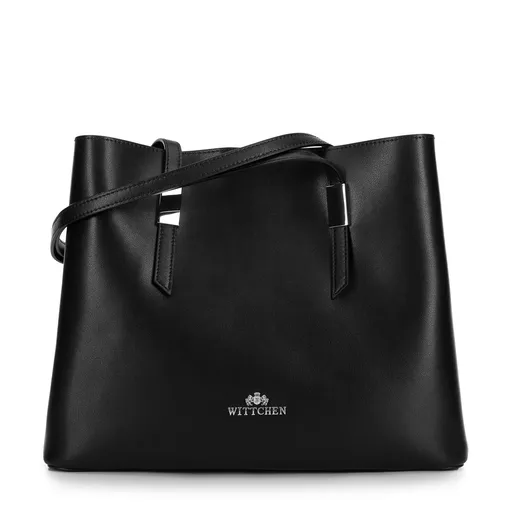 Damska shopperka skórzana z okuciem czarna ze srebrnym logo 99-4E-623-1S