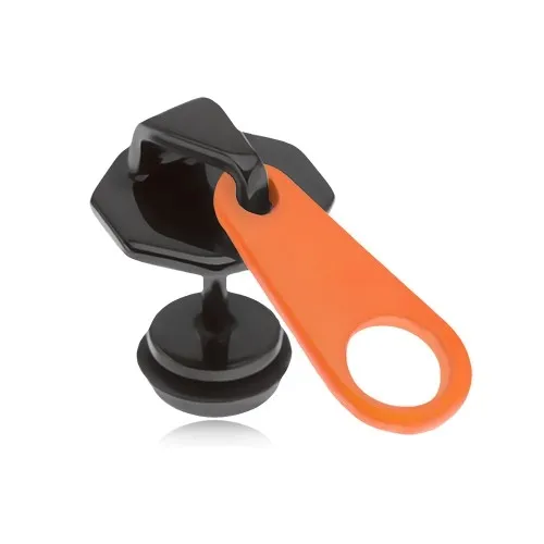 Čierny falošný plug do ucha z ocele, oranžovo-čierny zips, PVD úprava