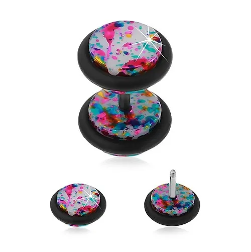 Lesklý biely akrylový fake plug do ucha, farebné fľaky