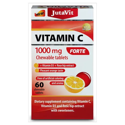 JUTAVIT Vitamín C 1000mg Forte, vitamín D3 2000IU, extrakt zo šípok 25 mg pomarančová príchuť 60 žuvacích tabliet