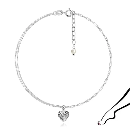 Strieborný náramok na členok 925 so srdcom a syntetickou perlou