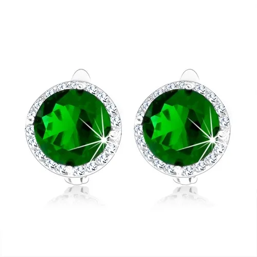 Strieborné náušnice 925, okrúhly smaragdovo zelený zirkón, číry lem, ródiované