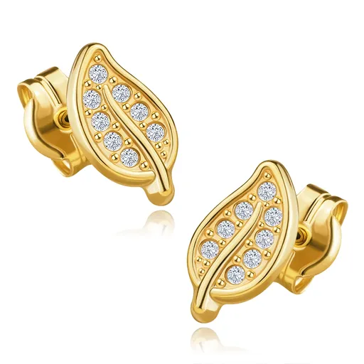 Náušnice v žltom 375 zlate - motív listu s čírymi zirkónmi, puzetky