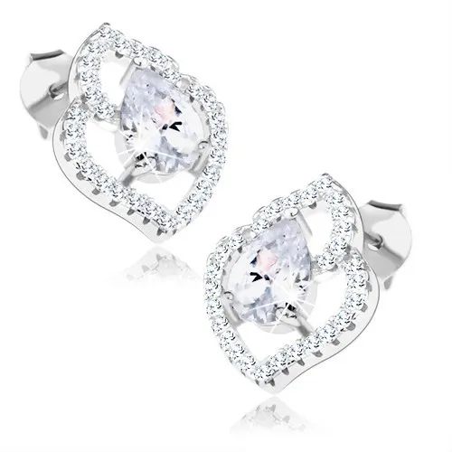 Náušnice, striebro 925, asymetrická kontúra listu, číra zirkónová slza