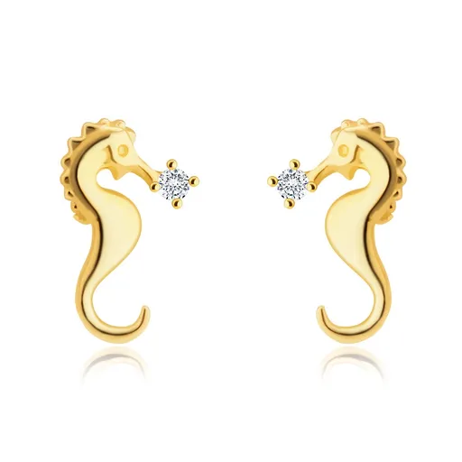 Puzetové zlaté 585 náušnice - motív morského koníka, trblietavý okrúhly zirkónik
