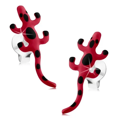 Strieborné náušnice 925, červené glazúrované jašteričky, čierne škvrny