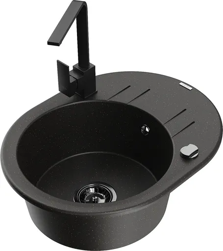 MEXEN/S MEXEN/S - Kevin granitový drez s odkvapkávačom vrátane batérie Rita, čierna/zlatá metalik 6517-75-670300-70-B