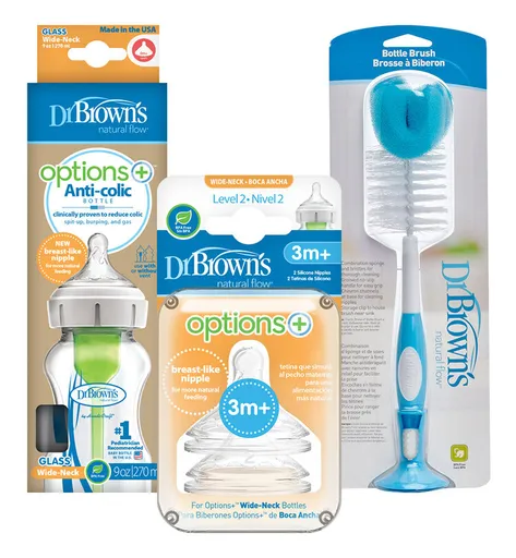 DR.BROWN'S Set fľaša WN SKLO 270ml + Cumlíky WN fľaša Level-2 2ks + Kefa na fľaše,DR.BROWN’S Fľaša dojčenská sklo 270ml +Cumlíky náhradné na fľašu lev
